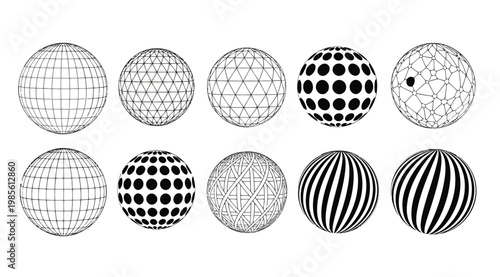 Set of abstract wireframe spheres and geometric globes