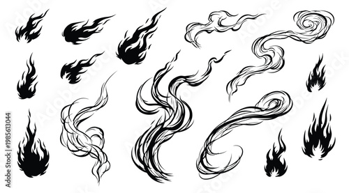 Collection of handdrawn fire and smoke elements