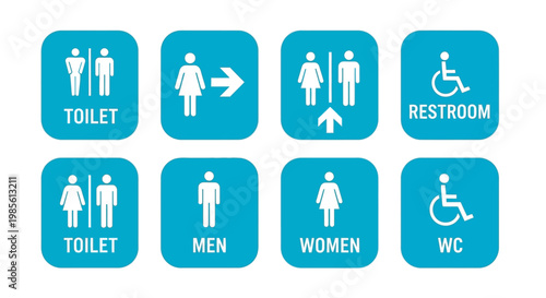 Collection of restroom signage icons depicting men women and accessibility