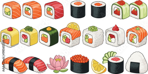 Sushi Food Illustration Set Featuring Japanese Rolls Nigiri Maki and Sashimi with Salmon Tuna Rice and Seaweed for Restaurant Menu Design