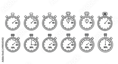Collection of black and white stopwatch icons displaying various time percentages