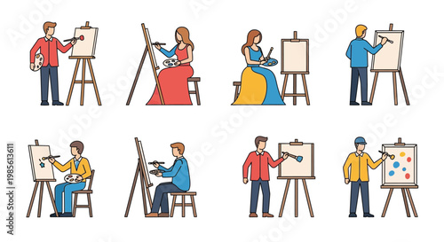 Diverse artists creating paintings on canvases with easels and palettes