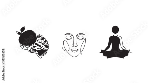 Meditation and mindfulness concept with yoga and face illustrations