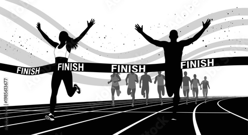Silhouettes of a male and female runner crossing the finish line together on a stadium track. For marathon event banners, motivational sports posters, or fitness achievement blogs. Transparent EPS.