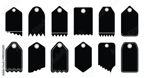 Collection of black price tags and labels in various shapes