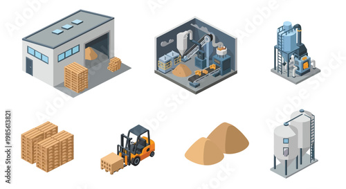 Isometric illustration of a factory storage and material handling setup
