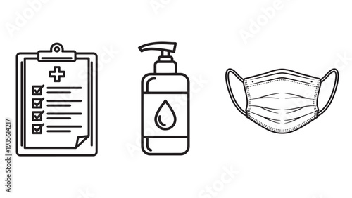 Essential Medical Health and Safety Icons Set Featuring Clipboard with Checklist, Hand Sanitizer Bottle, and Protective Face Mask for Hygiene and Prevention.