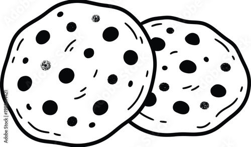 Chocolate chip cookies silhouette vector icon pair of delicious round biscuits for bakery shop menu or snack packaging.