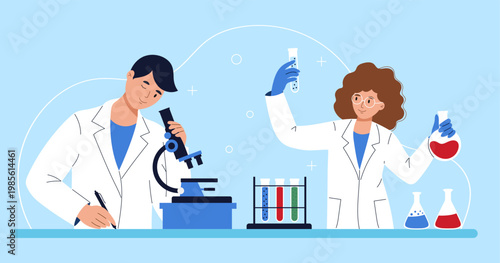 Male and female scientists working together in laboratory. Man using microscope and writing notes while woman colleague holding flasks. Professional chemistry teamwork and medical research concept.