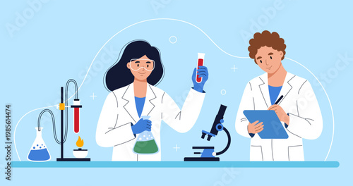 Male and female scientists working in laboratory. Woman in safety goggles conducting experiment with burner and flasks while man writing notes. Professional teamwork, medical and science research.