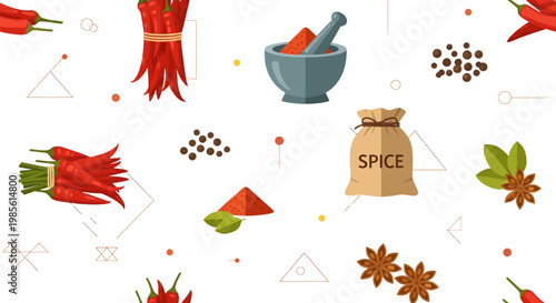 Seamless Spice Food Pattern Background with Chili and Star Anise Illustrations, Mortar and Pestle Texture Design, Organic Herb and Seasoning Backdrop for Kitchen Branding