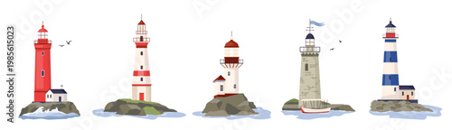 Vector set of coastal lighthouses on rocky islands. Flat illustrations collection nautical navigation tower with beacon lights for travel design, marine themes, prints. Marine seaside architecture