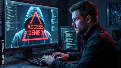 Man analyzes a severe cybersecurity threat represented by a hooded figure and a red warning triangle.