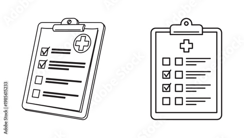 Healthcare Medical Checklist Clipboard with Checkmarks and Cross Symbol, Patient Survey Form, Doctor's Notes, Health Insurance Concept, Line Art Illustration.