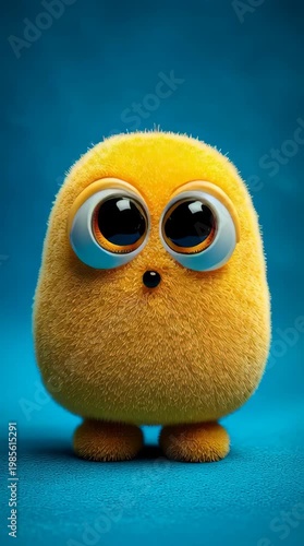 Close-up of a cute, fuzzy yellow cartoon character with large eyes on a blue background.