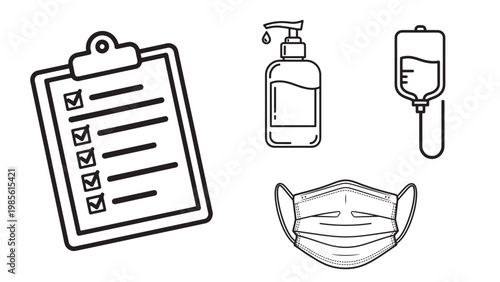 Essential Medical and Health Care Icons Collection: Clipboard Checklist, Hand Sanitizer, IV Drip, and Protective Face Mask for Hygiene and Safety.