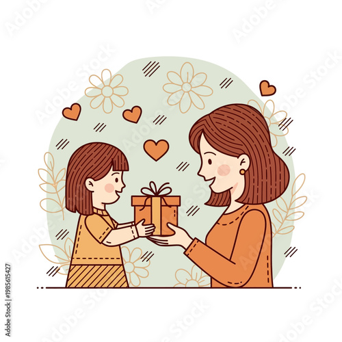 A young girl happily gives a gift to her mother, celebrating a special occasion with love and joy.