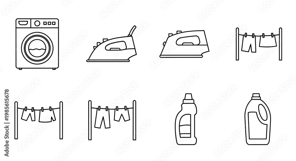 Fototapeta premium Laundry Icons: Washing Machine, Irons, Clothesline, Detergent Bottles