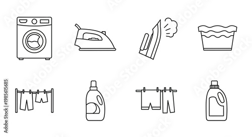 Laundry Icons: Washing Machine, Iron, Clothesline, Detergent, Wash Basin