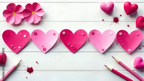 Pink paper hearts on white wood. Paper flowers add a touch of charm. Pink crayons. Greeting card mockup.