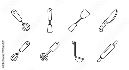 Collection of Hand-Drawn Kitchen Utensils Icons, Cooking Tools Vector Set