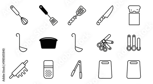 Kitchen Utensils Icons Set: Cooking Tools Collection, Vector Line Art