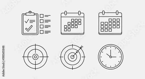 Business Planning Icons: Checklist, Calendar, Target, Clock - Strategy and Organization Symbols
