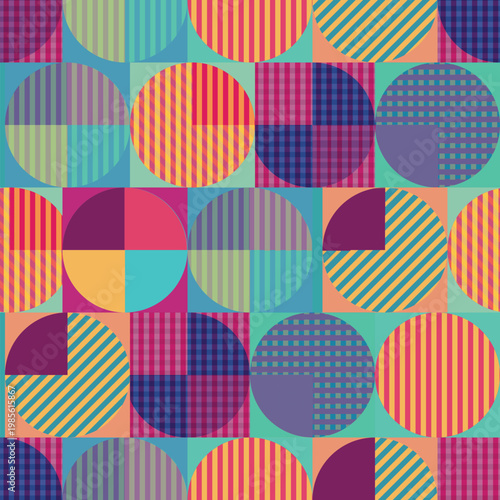 Colorful seamless geometric pattern creating a playful abstract background, featuring diverse shapes including squares and circles filled with stripes, grids, and solid colors in a pop art style
