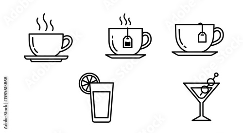 Set of line art icons for hot and cold drinks, tea, coffee, cocktail, juice, simple vector illustration