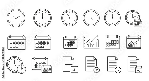 Time Management Icons: Clocks, Calendars, Documents, and Graphs for Business Planning