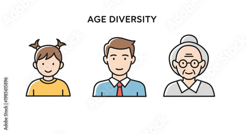 Age Diversity Concept: Child, Adult, Senior Icons Representing Different Generations