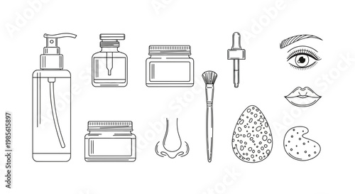 Cosmetic Products and Beauty Elements Line Art Illustration