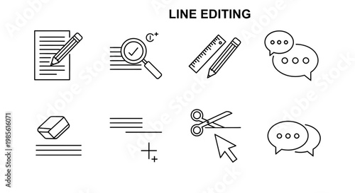 Line Editing Icons: Writing, Proofreading, Measurement, Cut, Eraser, Text, Cursor, Chat