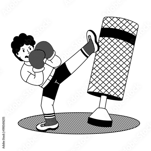A doodle style illustration showing a kickboxer 
