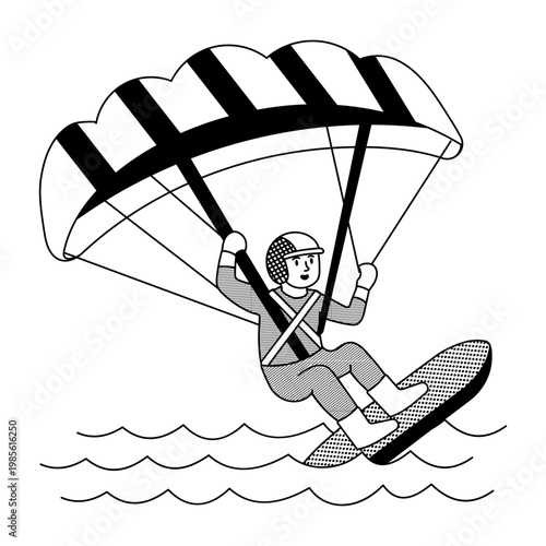 Sketchy style illustration showing a character doing kiteboarding 