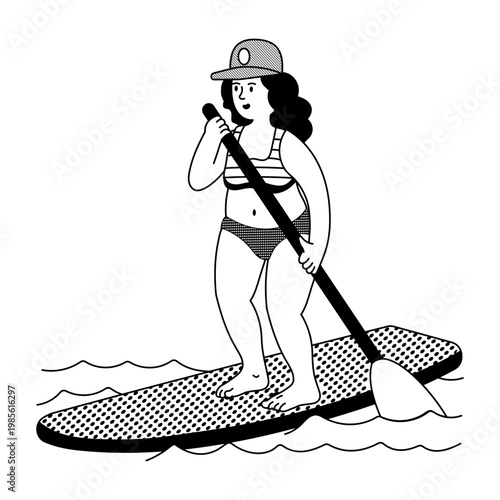 Hand drawn style illustration showing a character doing paddleboarding 
