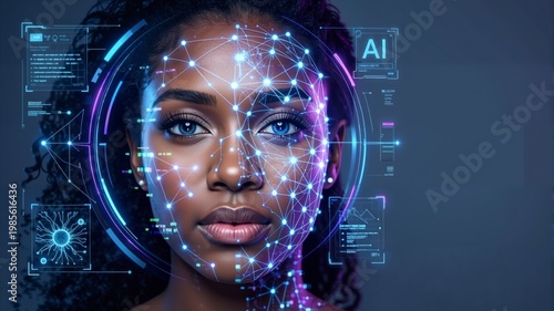 Futuristic visualization depicts a woman's face constructed from glowing data points and digital circuitry.