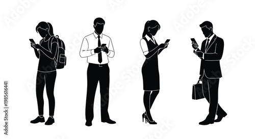 Silhouettes of four diverse business professionals using smartphones and tablets in a modern work environment