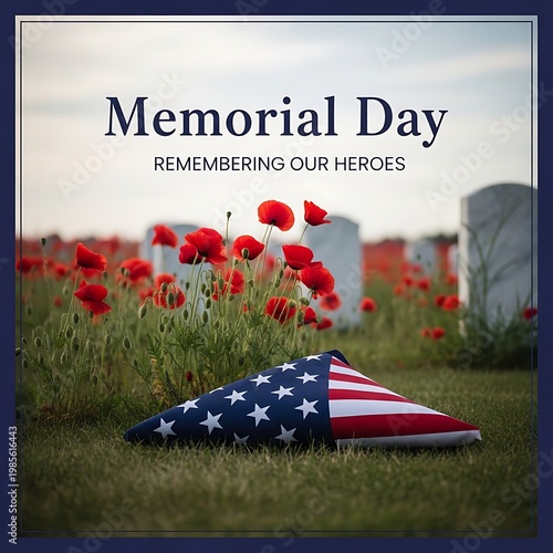 Memorial day concept with american flag and red poppies in a cemetery