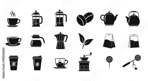 Coffee and Tea Icons Set: French Press, Teapot, Cup, Beans, Grinder, Tea Bag, Moka Pot