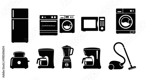 Set of Black Household Appliances Icons on White Background