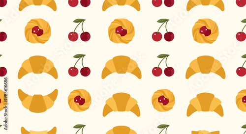 Seamless Bakery Pattern Background with Croissant and Cherry Illustrations, Sweet Pastry Texture Design, Colorful Breakfast and Dessert Branding Backdrop