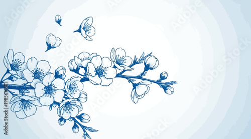 Beautiful cherry blossom branch with flowers in blue ink style