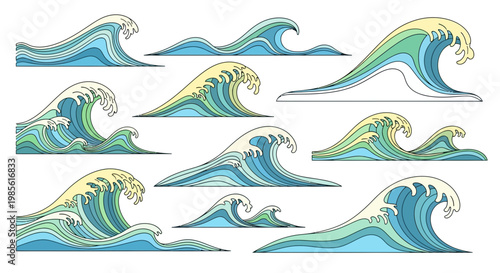 Set of stylized ocean waves in blue, green, and yellow, vector illustration