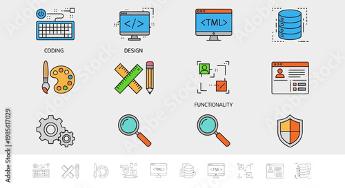 Web Development Icons: Coding, Design, Database, Functionality, Security, and More