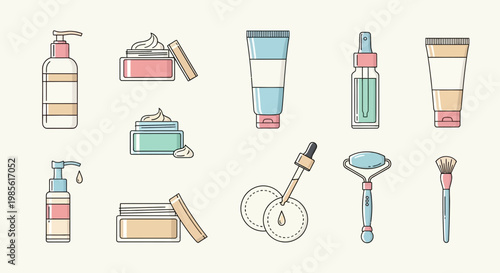 Skincare Products Collection: Bottles, Jars, Dropper, Roller, Brush - Flat Design