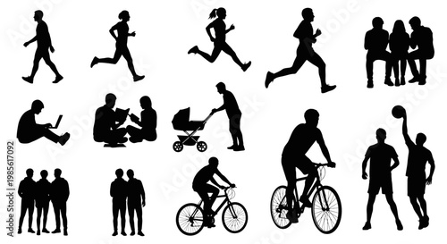 Diverse People Silhouettes Engaged in Various Activities: Sports, Leisure, Family, and Daily Life
