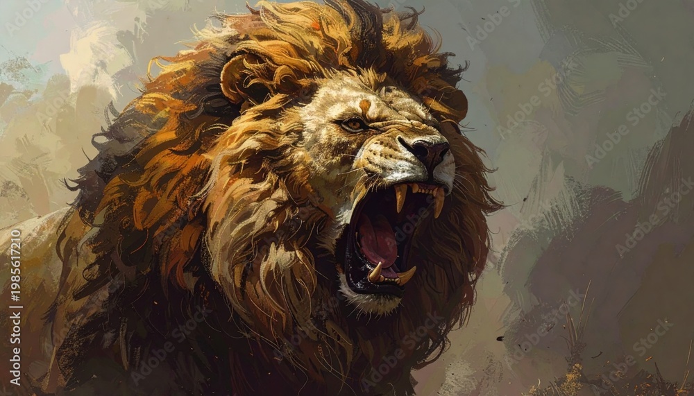 Obraz premium A roaring lion with a fierce expression.