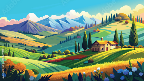 Vibrant cartoon landscape of Serene countryside with rolling hills and rustic home amidst nature Vector