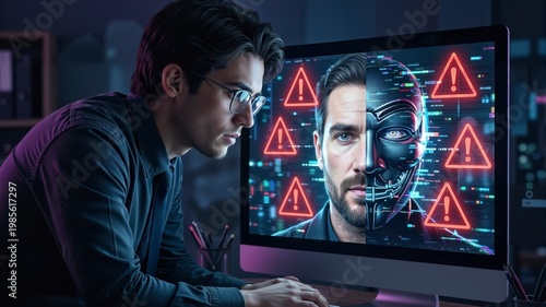 Man studies screen with cybernetic face and glowing red alerts.